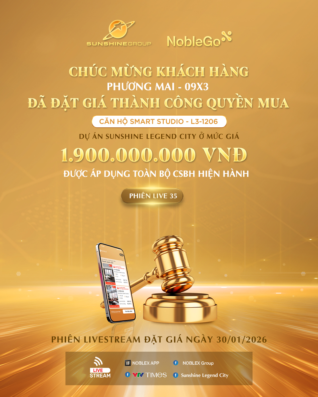 KẾT QUẢ NOBLEGO #35 – NGÀY 30/01/2026: CĂN HỘ SMART STUDIO TẠI SUNSHINE LEGEND CITY ĐÃ TÌM ĐƯỢC CHỦ NHÂN MỚI
